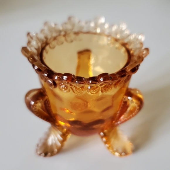 Vntg "Forget Me Not" Amber Pinkish Glass Toothpick Holder by Degenhart - Picture 2 of 10